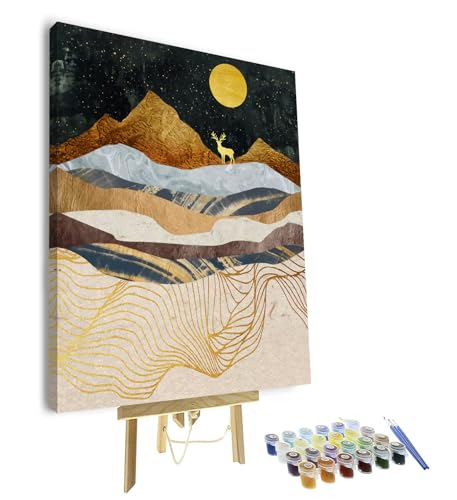 TISHIRON Abstrakte Berg Malen nach Zahlen Mond und Rehe DIY DIY Handbemalte Kits Kunstwerk für Wohnkultur Leinwand Gemälde Geschenk für Erwachsene Anfänger Kinder 16 "x 20" mit Rahmen von TISHIRON