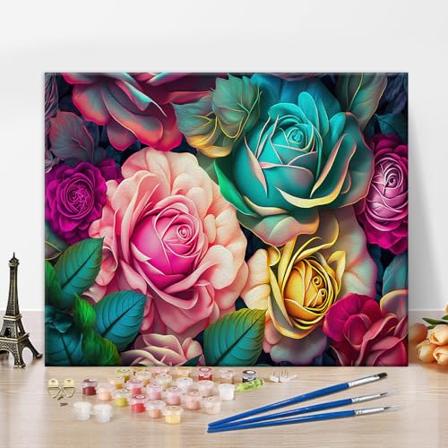 TISHIRON Abstrakte Blumen Malen nach Zahlen Bunte Rose Blumen Malen nach Zahlen Kit für Erwachsene Sunny Rose Adult Paint by Numbers Easy Paint by Numbers für Kinder Kunsthandwerk 16x20 inch von TISHIRON