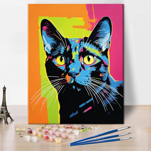 TISHIRON Abstrakte Katze Malen nach Zahlen für Erwachsene Schwarze Katze Tiere Süße Kätzchen Malen nach Zahlen Kits auf Leinwand Aquarell Malen nach Zahlen für Erwachsene Anfänger Kunstwerk 16x20inch von TISHIRON