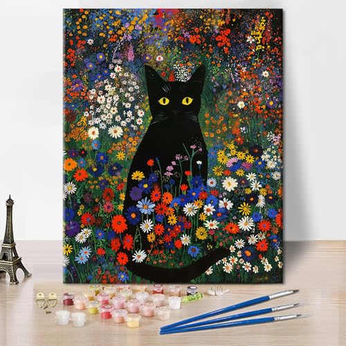 TISHIRON Abstrakte Malen nach Zahlen für Erwachsene Schwarze Katze sitzt in Blumenfeld DIY Erwachsene Malen nach Zahlen Kits auf Leinwand Tier Acrylmalerei nach Zahlen Ölgemälde Kunsthandwerk von TISHIRON