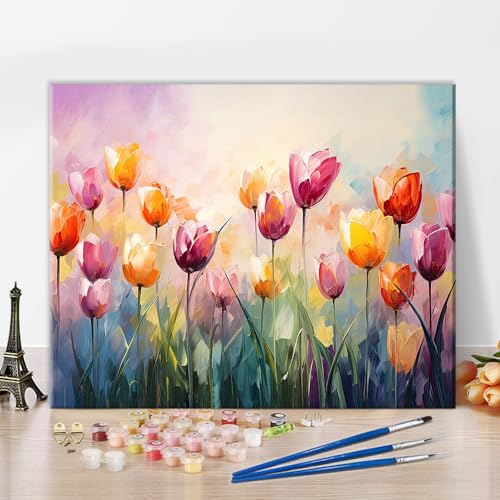 TISHIRON Abstrakte Tulpe Malen nach Zahlen für Erwachsene Bunte Blumen Malen nach Zahlen Kits Kinder Aquarell Malen nach Zahlen DIY Malen nach Zahlen für Erwachsene Leinwand Kunsthandwerk, 16 "x20 von TISHIRON