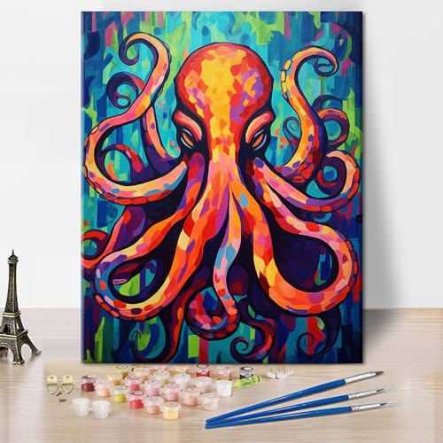 TISHIRON Abstraktes Malen nach Zahlen Erwachsene Bunter Oktopus DIY Öl Handmalerei mit Pinseln Tiere Erwachsene Malen nach Zahlen Kits Kunsthandwerk für Zuhause 16 "x20(rahmenlos) von TISHIRON