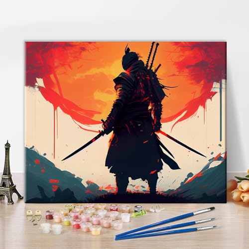 TISHIRON Abstraktes Malen nach Zahlen für Erwachsene Samurai mit Katana DIY Malen nach Zahlen für Erwachsene auf Leinwand Krieger Acrylmalerei nach Zahlen Ölgemälde Kunsthandwerk 16x20 Zoll von TISHIRON