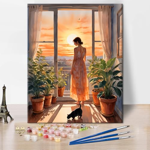 TISHIRON Adult Paint by Numbers Girl's Back, Malen nach Zahlen Kit für Erwachsene Sunset Scenery, Ölmalerei nach Zahlen auf Leinwand Katze, Acrylmalerei Kits für Home Decor 40 x 50 cm(rahmenlos) von TISHIRON