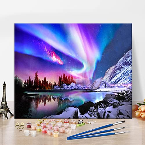 TISHIRON Aurora Malen nach Zahlen Kits, bunte Aurora rahmenlose DIY Ölmalerei Natur Malen nach Zahlen für Erwachsene Anfänger, moderne Landschaft Malen nach Zahlen, moderne Home Decor 16x20 Inch von TISHIRON