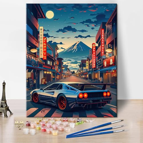 TISHIRON Auto Malen nach Zahlen für Erwachsene Anfänger, DIY Anime Auto in der Stadt Erwachsene Malen nach Zahlen Kits auf Leinwand Acrylmalerei Zeichnung mit Pinseln Ölgemälde 16x20 Zoll von TISHIRON