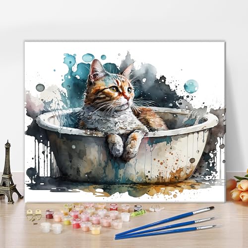 TISHIRON Badewanne Tier DIY Malen nach Zahlen Katze in der Badewanne liegend Malen nach Zahlen für Erwachsene Anfänger Kinder Haustier Malen nach Zahlen auf Leinwand Abstrakt Öl Geschenk 16 "x20 von TISHIRON