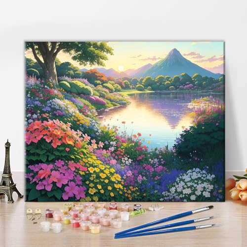 TISHIRON Bäume und Blumen Malen nach Zahlen für Erwachsene, Schönes Landschaft und Meerblick Malerei, DIY Digitales Ölgemälde Kits auf Leinwand mit Pinseln und Acrylpigment 40x50cm von TISHIRON