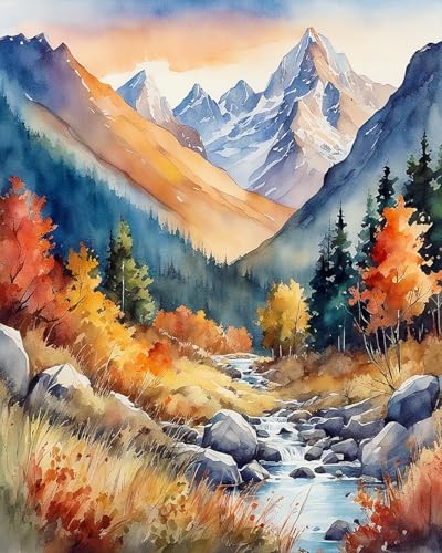 TISHIRON Berge Malen nach Zahlen Erwachsene, Bergwald Malen nach Zahlen, Malen nach Zahlen de Pinsel und Acrylfarbe, 16X20 Inch Bäume im Herbst Malen nach Zahlen Erwachsene Familie Freunde von TISHIRON