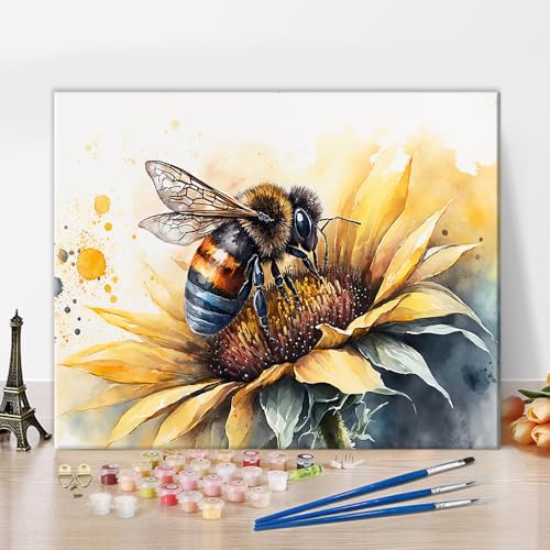 TISHIRON Biene auf einer Sonnenblume Aquarellstil Farbtafel Sets für Erwachsene Anfänger Digitale Kunst Liebreize Bee Ölmalerei DIY Farbtafel für Heimwanddekoration 16 x20 Zoll von TISHIRON