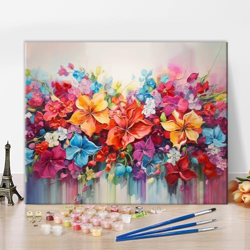 TISHIRON Blume Erwachsene Malen nach Zahlen Bunte Blüte Malen nach Zahlen Bastelset für Erwachsene Florales Blatt DIY Malen nach Zahlen Acrylmalerei nach Zahlen Kunsthandwerk 40 x 50 cm(rahmenlos) von TISHIRON