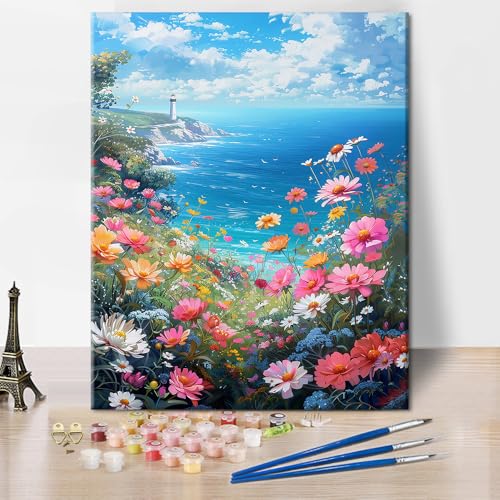 TISHIRON Blume Malen nach Zahlen Kit für Erwachsene, Meer Erwachsene Malen nach Zahlen Kits auf Leinwand, Küstenlandschaft Acryl Ölmalerei für Home Decor Kits 40 x 50 cm(rahmenlos) von TISHIRON