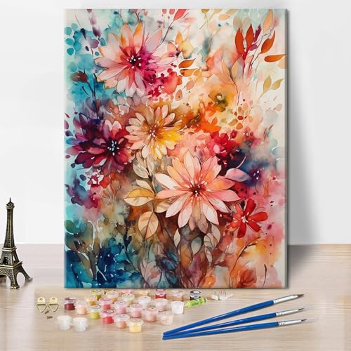 TISHIRON Blumen Farbe nach Zahlen für Erwachsene Anfänger, DIY Acrylfarbe nach Zahlen Kits auf Leinwand Blume Zeichnung Bunte Paintworks Kunstwerk für Erwachsene Anfänger, 12x16inch (ohne Rahmen) von TISHIRON