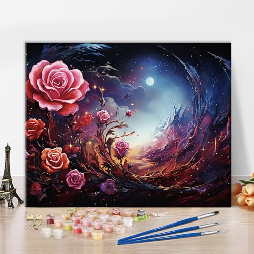 TISHIRON Blumen Malen nach Zahlen, Rose und Mond Malen nach Zahlen für Erwachsene, Abstrakter Nachthimmel Malen nach Zahlen mit Pinseln und Pigmenten für Zuhause Wanddekoration, 40x50 CM, (Rahmenlos) von TISHIRON