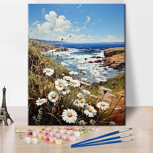 TISHIRON Blumen Malen nach Zahlen Meer DIY Acryl Malen nach Zahlen Kits auf Leinwand Ozean Ölgemälde für Home Decor Seaside Erwachsene Malen nach Zahlen Daisy Art Crafts 40 x 50 cm(rahmenlos) von TISHIRON