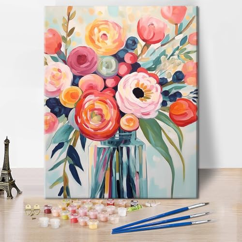 TISHIRON Blumen Paint by Numbers Kit für Erwachsene, Blumen in einer Vase Art Paint by Numbers, Abstrakte Aquarell Blumen Malerei Erwachsene Paint-by-Number Kits für Wall Decor 16X20 Inch von TISHIRON