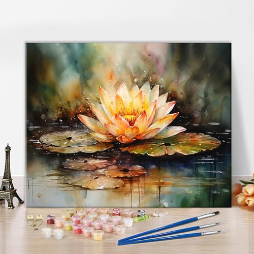 TISHIRON Blumen für Erwachsene Digitale Malerei Lotus Aquarelle Malerei Digitale Malerei DIY Meditation Ölgemälde Pinsel Farbe Kunsthandwerk 16x 20 Zoll von TISHIRON