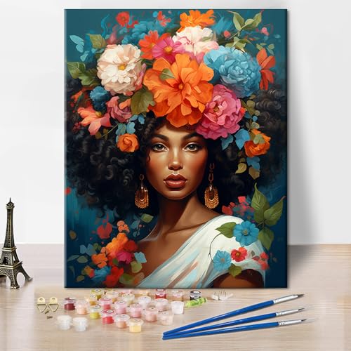 TISHIRON Blumen und Mädchen Malen nach Zahlen Kits auf Leinwand - DIY afrikanische Frau Malen nach Zahlen für Erwachsene Leinwand - Ölmalerei Kits Kunst und Handwerk für Home Decor Geschenke 16x20 von TISHIRON