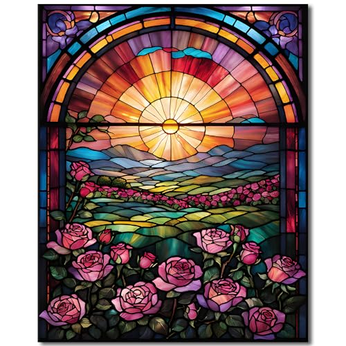 TISHIRON Blumenfarbe nach Zahl Erwachsene, DIY Acryl Buntglas Farbe nach Zahl auf Leinwand Floral Kunstwerk Geschenk Home Wall Decor 16x20inch ohne Rahmen von TISHIRON