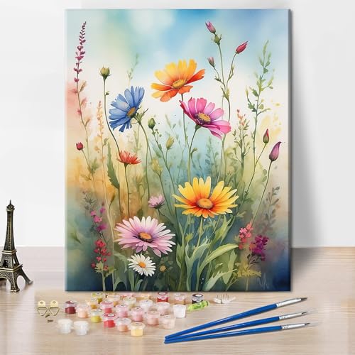 TISHIRON Blumenfarbe nach Zahlen, Bunte Blumen Farbe nach Zahl für Erwachsene, DIY Ölgemälde Kit mit Pinseln und Pigment, Farbe nach Zahlen Kit für Erwachsene Leinwand 16x20 inch (Rahmenlos) von TISHIRON