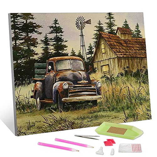 TISHIRON Brown Barn 5D Diamond Painting Kits Village Round Full Drill DIY Paint with Diamonds Art Truck Crystal Rhinestone Cross Stitch für Home Office Wall Crafts Dekorationen 12×16Inch von TISHIRON