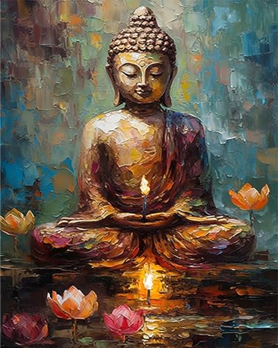 TISHIRON Buddha Malen nach Zahlen Erwachsene, Lotus Malen nach Zahlen, Malen nach Zahlen de Pinsel und Acrylfarbe, 16X20Inch Keine Flammen Malen nach Zahlen Erwachsene Familie Freundes von TISHIRON