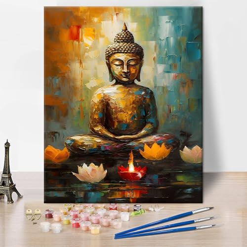 TISHIRON Buddha Ölfarbe nach Zahlen Kit für Erwachsene Lotus Blume Kerze Farbe nach Zahlen Abstrakte Bunte Buddha Farbe nach Zahlen Kits auf Leinwand DIY Farbe nach Zahlen für Anfänger 16x20 inch von TISHIRON