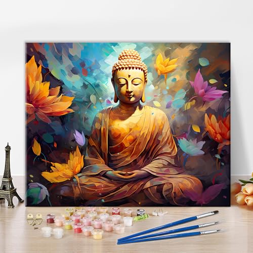 TISHIRON Buddhismus Farbe nach Zahl Erwachsene, Lotus Blume Buddha Aquarell Farbe nach Zahlen für Anfänger, DIY abstrakte Art Malerei Kits auf Leinwand, Handwerk für Home Decor Religiös 16"x20" von TISHIRON