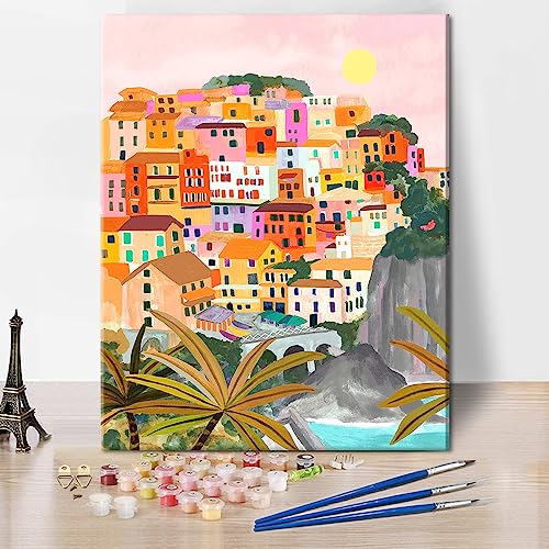 TISHIRON Cinque Terre Malen Nach Zahlen DIY Ölgemälde Für Erwachsene Kinder Leinwand Wanddekoration Mit Pinseln Acrylpigment Für Zuhause Wohnzimmer Dekoration Abstrakte Italien 16 X 20 Zoll von TISHIRON