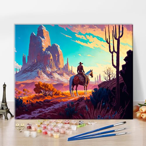 TISHIRON Cowboy Malen nach Zahlen für Erwachsene, Landschaft Malen nach Zahlen Kits, Abstrakte Zahlenmalerei für Erwachsene mit Pinsel und Pigment, Malerei für Wanddekoration, 40x50 CM, Rahmenlos von TISHIRON