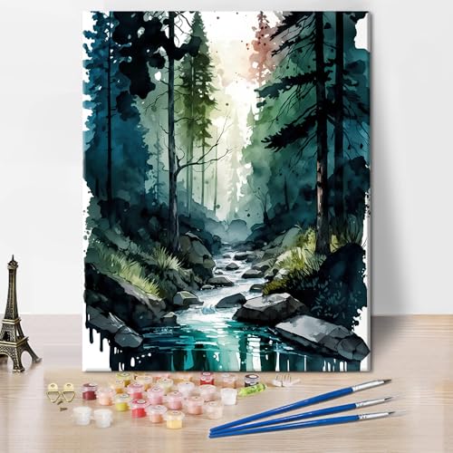 TISHIRON DIY Farbtafel Sets Wasserfarben Landschaft mit einem Fluss im Wald Ölmalerei für Kinder Farbtafel für Erwachsene Anfänger Leinwand Kunsthandwerk für Heimwanddekoration 16 x 20 Zoll von TISHIRON