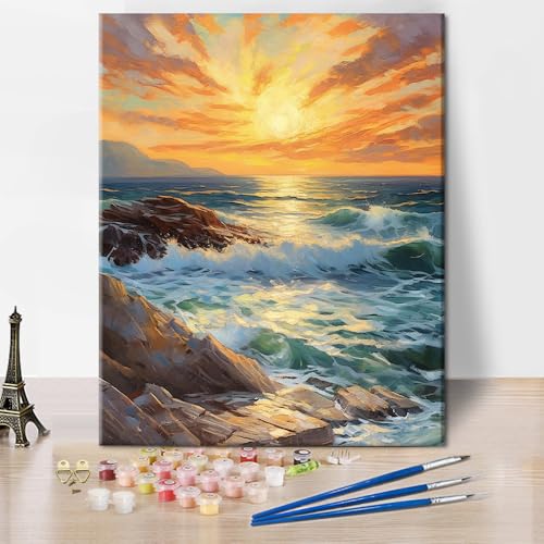 TISHIRON DIY Farbtafel Sets für Erwachsene Landschaft Sonnenuntergang Digitale Malerei Öl Handmalerei Strand für Erwachsene Anfänger für Heimwanddekoration 16"x20"(Rahmenlos) von TISHIRON