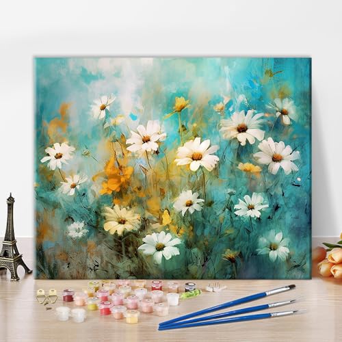 TISHIRON DIY Handgemalt Gänseblümchen Ölgemälde Kit für Anfänger und Kinder, Blumen Malen nach Zahlen mit Pinseln und Acrylpigmenten, für Erwachsene Kunsthandwerk 40x50cm Rahmenlos von TISHIRON