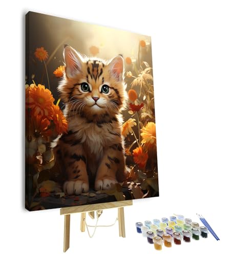 TISHIRON DIY Katze Malen nach Zahlen für Erwachsene Anfänger Kätzchen mit Blumen Malset für Erwachsene Acrylmalerei Kit Easy Paint by Numbers Kit für Geschenk (Gerahmt, 40x50cm von TISHIRON