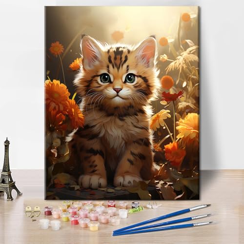 TISHIRON DIY Katze Malen nach Zahlen für Erwachsene Anfänger Kätzchen mit Blumen Malset für Erwachsene Acrylmalerei Kit Easy Paint by Numbers Kit für Geschenk (Rahmenlos, 40x50cm von TISHIRON