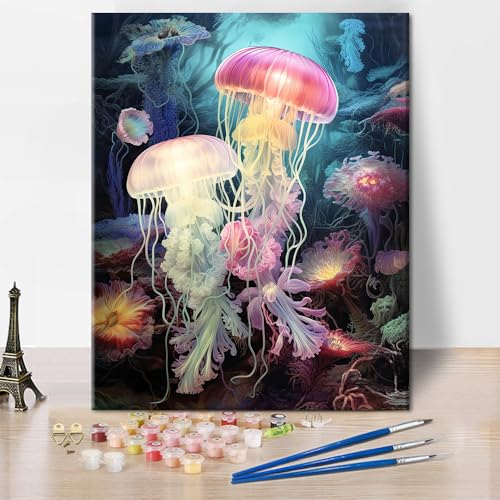 TISHIRON DIY Malen nach Zahlen, Quallen Ozean Erwachsene Malen nach Zahlen, Meeresleben DIY Malen nach Zahlen Kit für Erwachsene Kinder Studenten Anfänger, Ölmalerei Kunst Wanddekoration 16x20 Inch von TISHIRON