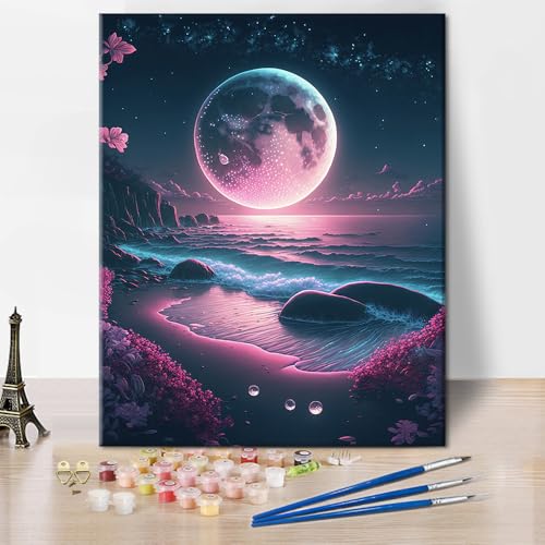 TISHIRON DIY Malen nach Zahlen Erwachsene, Mond Acryl Malen nach Zahlen Kit für Erwachsene, Strand Malen nach Zahlen für Home Decor, Meer Ölmalerei Kunsthandwerk 40 x 50 cm(rahmenlos) von TISHIRON