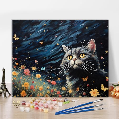 TISHIRON DIY Malen nach Zahlen Erwachsene Anfänger schwarze Katze Öl Handmalerei mit Pinseln Tiere Malen nach Zahlen Kits Blumen Malerei Kunsthandwerk 40 x 50 cm(rahmenlos) von TISHIRON