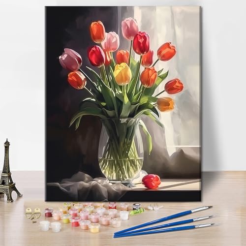 TISHIRON DIY Malen nach Zahlen Erwachsene Tulpen in Vase, Erwachsene Malen nach Zahlen Blumen, Acryl Malen nach Zahlen Kits auf Leinwand Floral, Ölmalerei Kit 40 x 50 cm(rahmenlos) von TISHIRON