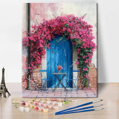 TISHIRON DIY Malen nach Zahlen Kit Erwachsene Blaue Tür, Malen nach Zahlen für Erwachsene Blumen, Blüte Acrylmalerei nach Zahlen Kits auf Leinwand, Kunsthandwerk für Zuhause 40 x 50 cm(rahmenlos) von TISHIRON