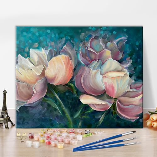 TISHIRON DIY Malen nach Zahlen Kits Peony Blütenblätter Gemälde Blumen Ölgemälde für Kinder Malen nach Zahlen Leinwand Kunst für Wohnkultur - 16" x 20" von TISHIRON