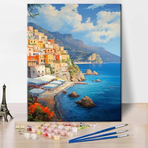 TISHIRON DIY Malen nach Zahlen Küstenstadt Erwachsene Malen nach Zahlen Kits Meer Malen nach Zahlen für Erwachsene Cinque Terre Acrylmalerei Kit Italien Stadt Kunsthandwerk 40 x 50 cm(rahmenlos) von TISHIRON