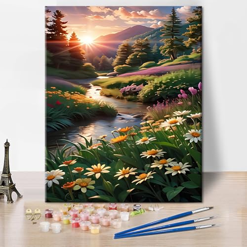 TISHIRON DIY Malen nach Zahlen Natur Landschaft Malen nach Zahlen für Erwachsene Blumen Gänseblümchen Malen nach Zahlen Kits auf Leinwand Wald Sonnenuntergang Acrylmalerei 40 x 50 cm(rahmenlos) von TISHIRON