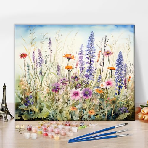 TISHIRON DIY Malen nach Zahlen für Erwachsene Ein Feld von lila Blumen Malen nach Zahlen für Anfänger, Aquarellmeditationsölmalerei für die Wanddekoration zu Hause 16x20 Zoll von TISHIRON