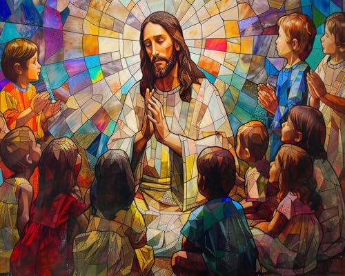 TISHIRON DIY Malen nach Zahlen für Erwachsene Farbige Glas-Stil Jesus umgeben von Kindern Malen nach Zahlen Kits auf Leinwand für Home Wall Decor - 16x20inch(Ohne Rahmen) von TISHIRON