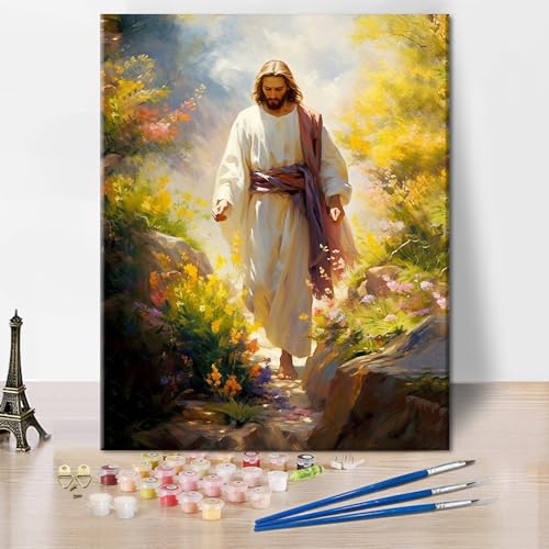 TISHIRON DIY Malen nach Zahlen für Erwachsene Jesus Erwachsene Malen nach Zahlen Kits auf Leinwand Jesus auf dem Weg Malen nach Zahlen Kit für Erwachsene Blumenkunsthandwerk 16x20 Zoll von TISHIRON