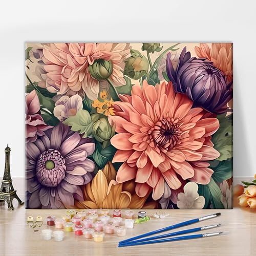 TISHIRON DIY Malen nach Zahlen für Erwachsene Kunst Schöne Blumen Erwachsene Malen nach Zahlen Kits Farbenfrohes Aquarell-Hintergrund Ölhandgemaltes Malset Pflanzen Kunsthandwerk für Zuhause von TISHIRON