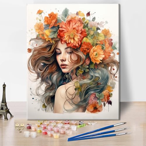 TISHIRON DIY Malen nach Zahlen für Erwachsene und Kinder Frau mit langen Haaren und Blumen Erwachsene Malen nach Zahlen Kits Abstrakte Acrylmalerei Kits mit Pinseln Ölgemälde Kunsthandwerk von TISHIRON