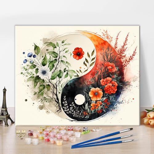 TISHIRON DIY Ölmalerei Kit, Klatsch und Blumen Malen nach Zahlen für Erwachsene, Abstraktion Pflanze Malen nach Zahlen mit Pinsel und Pigment, Canvas Kunst für Wanddekoration, 40x50 CM, Rahmenlos von TISHIRON