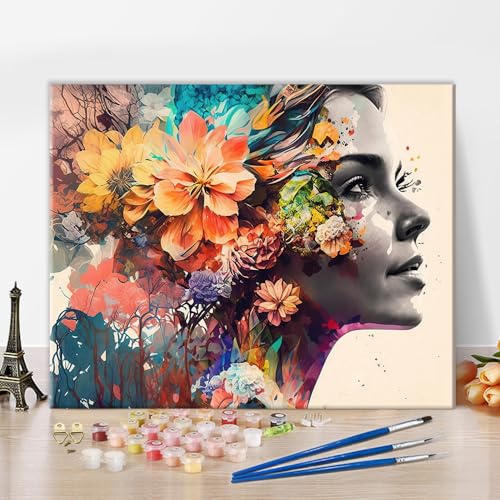 TISHIRON DIY Ölmalerei Kit, bunte Frau Profil und Blumen malen nach Zahlen für Erwachsene, schöne Frau malen nach Zahlen mit Pinseln und Pigment für Wanddekoration, 40x50 CM, rahmenlos von TISHIRON